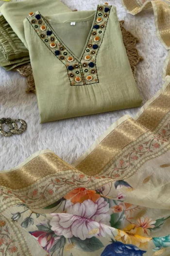 Elegant Roman Silk Kurti Set with Handwork & Chanderi Dupatta