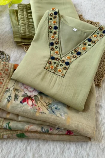 Elegant Roman Silk Kurti Set with Handwork & Chanderi Dupatta