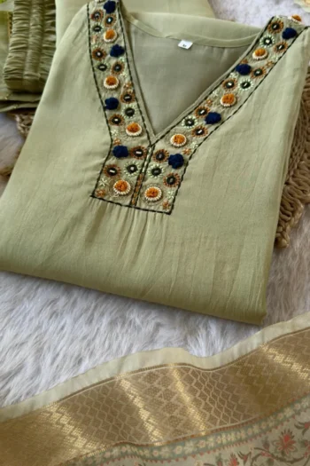 Elegant Roman Silk Kurti Set with Handwork & Chanderi Dupatta