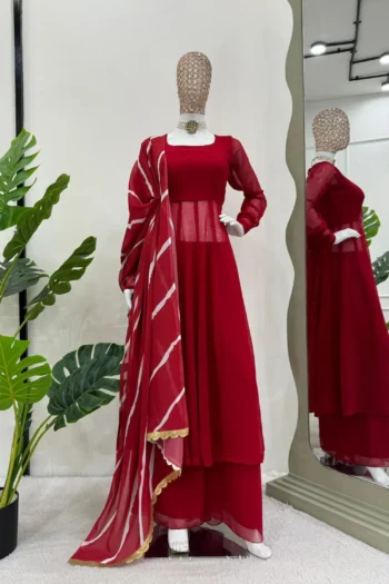 Red Faux Georgette Plazzo Set with Digital Dupatta