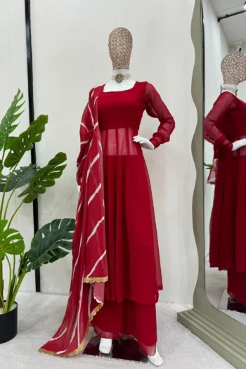 Red Faux Georgette Plazzo Set with Digital Dupatta