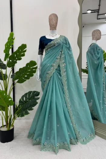 Crunchy Partywear Silk Saree with Thread & Sequence Work