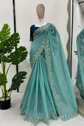 Crunchy Partywear Silk Saree with Thread & Sequence Work