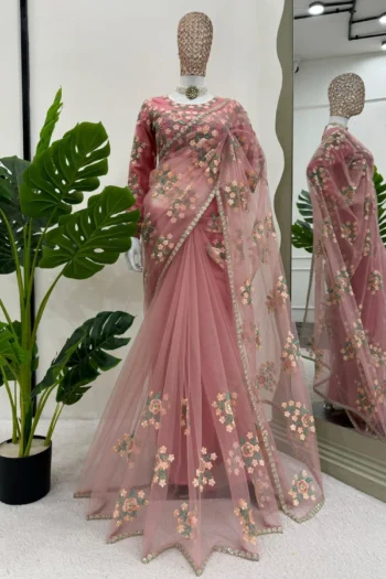 Designer Peach Soft Net Saree with Sequin Embroidery Blouse
