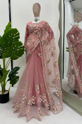 Designer Peach Soft Net Saree with Sequin Embroidery Blouse