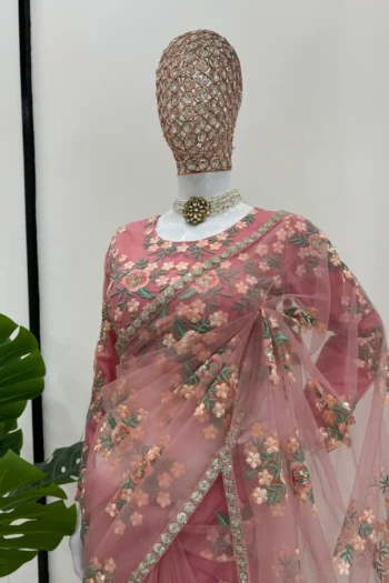 Designer Peach Soft Net Saree with Sequin Embroidery Blouse