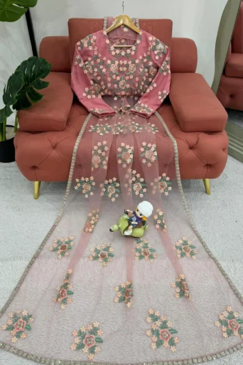 Designer Peach Soft Net Saree with Sequin Embroidery Blouse