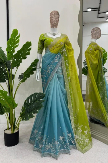 Multicolor Tibby Silk Saree with Digital Print and Sequin Thread