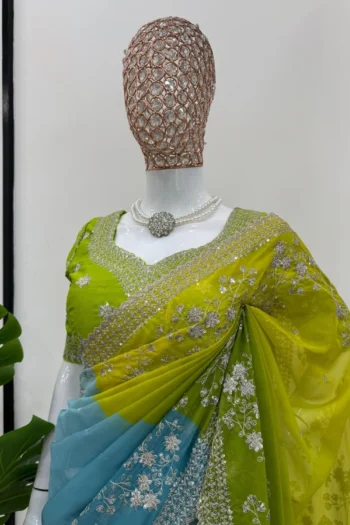 Multicolor Tibby Silk Saree with Digital Print and Sequin Thread