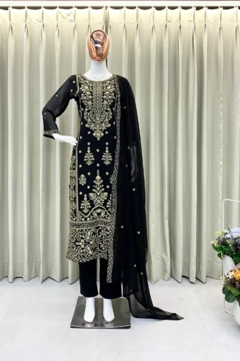 Black Faux Georgette Sequin Embroidered Salwar Suit Set