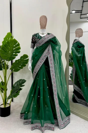 Dark Green Party Wear Organza Silk Saree with Sequins