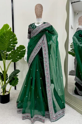 Dark Green Party Wear Organza Silk Saree with Sequins