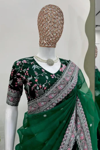 Dark Green Party Wear Organza Silk Saree with Sequins