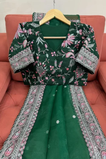 Dark Green Party Wear Organza Silk Saree with Sequins