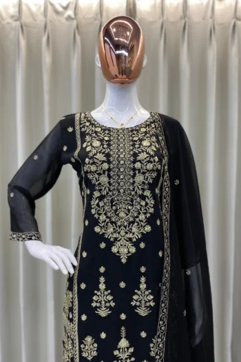 Black Faux Georgette Sequin Embroidered Salwar Suit Set