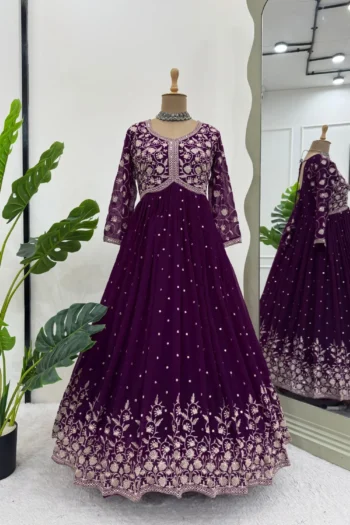 Royal Purple Georgette Gown with Sequin Thread Work Set