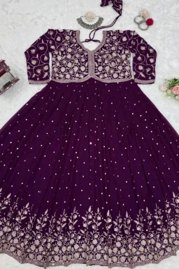 Royal Purple Georgette Gown with Sequin Thread Work Set