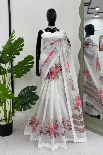 White Georgette Saree with Digital Print and Lace Border