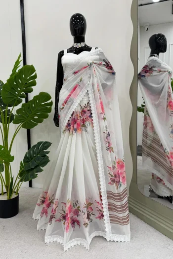 White Georgette Saree with Digital Print and Lace Border