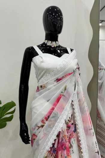 White Georgette Saree with Digital Print and Lace Border
