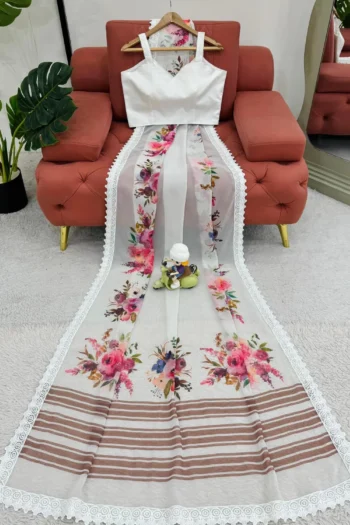 White Georgette Saree with Digital Print and Lace Border
