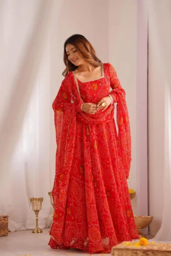 Bandhani Printed Georgette Anarkali Gown with Trousers Set