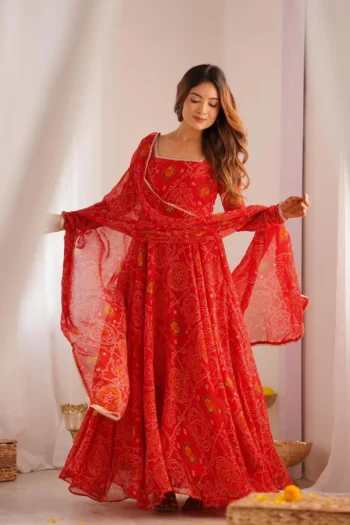 Bandhani Printed Georgette Anarkali Gown with Trousers Set