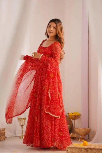 Bandhani Printed Georgette Anarkali Gown with Trousers Set