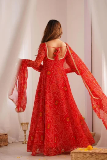 Bandhani Printed Georgette Anarkali Gown with Trousers Set