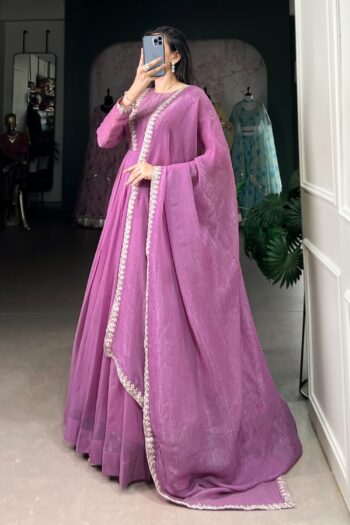 Lavender Silver Glory Shimmer Gown with Sequin & Thread Work