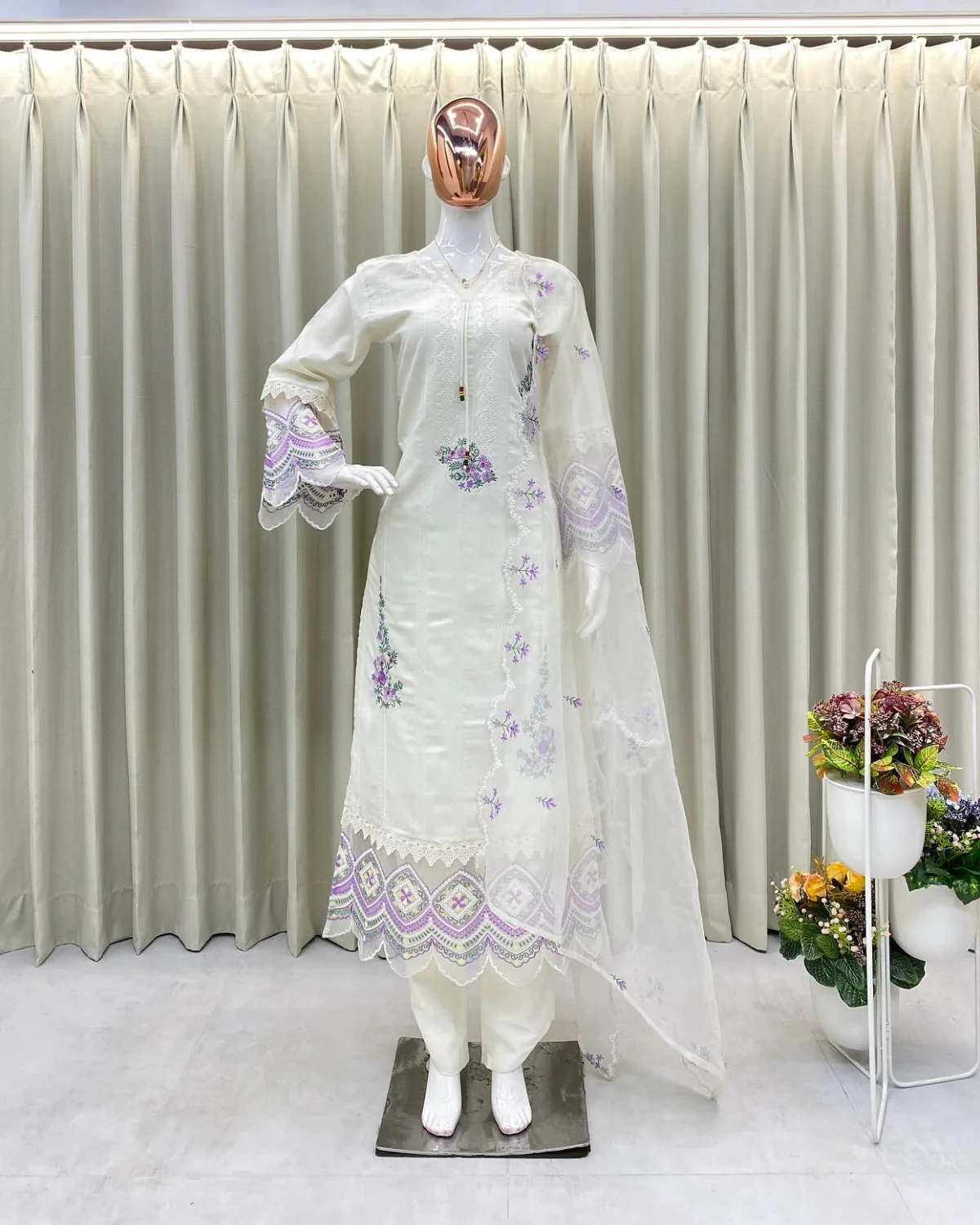 White Salwar Suit Set with Organza Dupatta and Lace Detailing