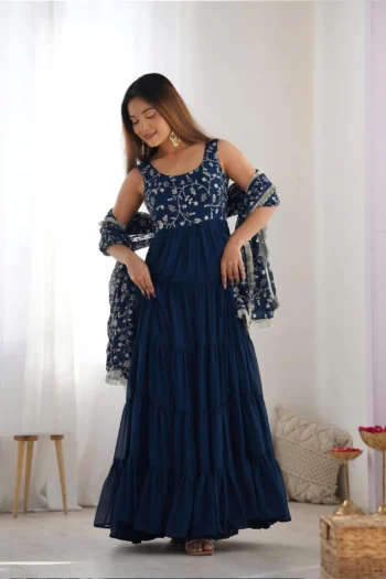 Designer Blue Fox Georgette Anarkali Gown Set Lace Dupatta