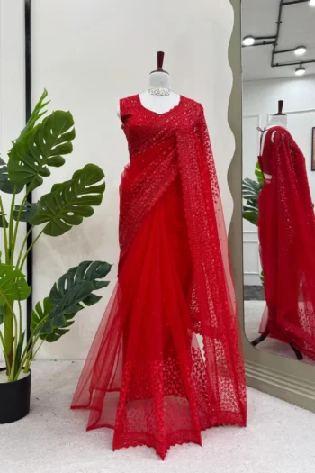 Red Radiance Party Wear Soft Net Sequin Saree with Blouse