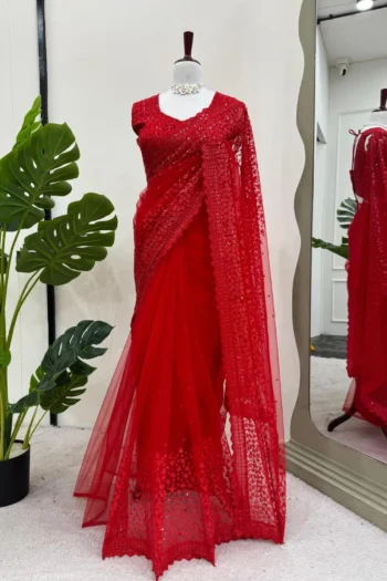 Red Radiance Party Wear Soft Net Sequin Saree with Blouse