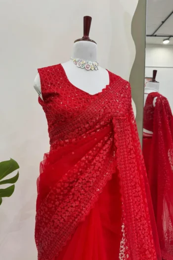 Red Radiance Party Wear Soft Net Sequin Saree with Blouse