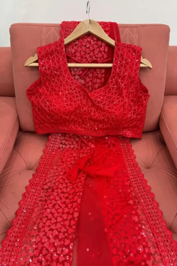 Red Radiance Party Wear Soft Net Sequin Saree with Blouse