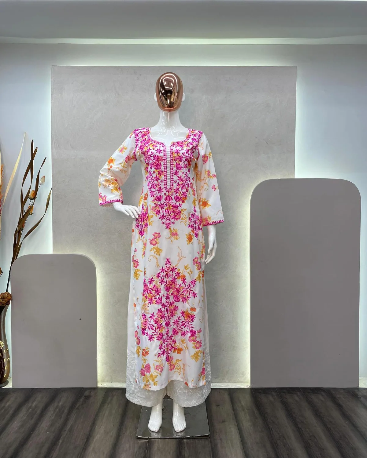 Comfort Fit White Kurta Plazzo Set with Cotton Thread Detailing