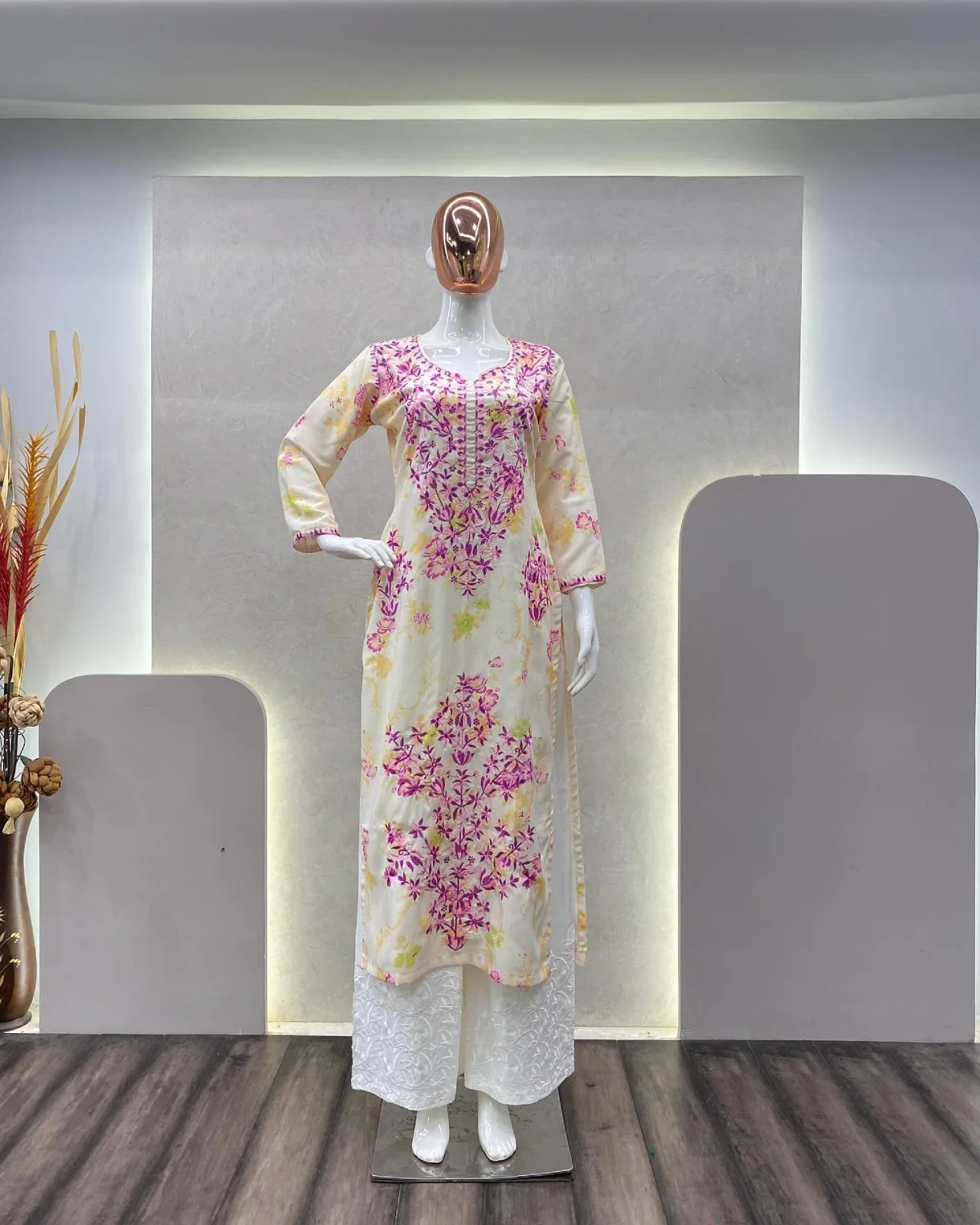 Comfort Fit White Kurta Plazzo Set with Cotton Thread Detailing