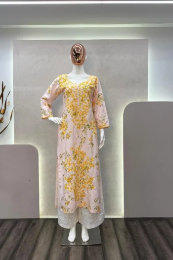 Comfort Fit White Kurta Plazzo Set with Cotton Thread Detailing