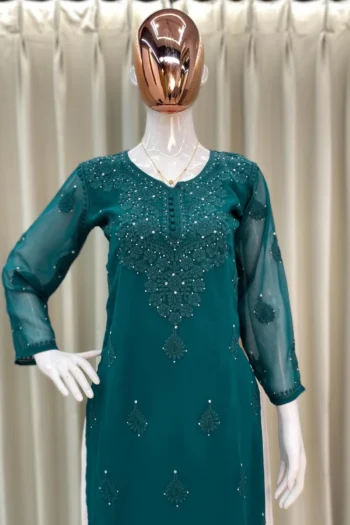 Peacock Blue Summer Bloom Georgette Kurti and Plazzo Set
