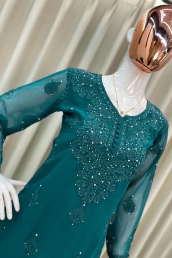 Peacock Blue Summer Bloom Georgette Kurti and Plazzo Set