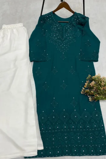 Peacock Blue Summer Bloom Georgette Kurti and Plazzo Set