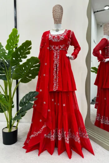 Royal Red Designer Sharara Plazzo Suit in Faux Georgette