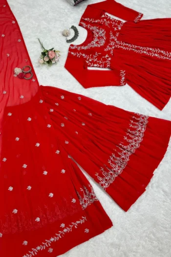 Royal Red Designer Sharara Plazzo Suit in Faux Georgette