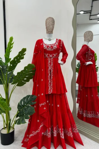 Royal Red Designer Sharara Plazzo Suit in Faux Georgette