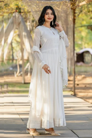 White Anarkali Gown Set in Faux Georgette with Chikan Work