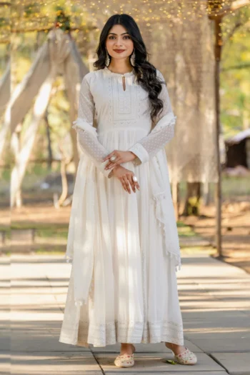 White Anarkali Gown Set in Faux Georgette with Chikan Work