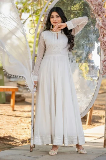 White Anarkali Gown Set in Faux Georgette with Chikan Work
