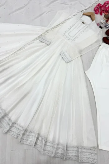 White Anarkali Gown Set in Faux Georgette with Chikan Work