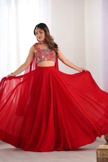 Red Blooming Georgette Party Wear Lehenga Choli with Dupatta
